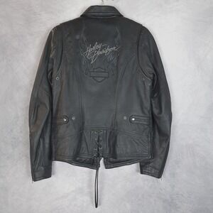 Harley-Davidson Jacket Womens Small Black Leather Flame Logo Sleeve Hit Lace Up